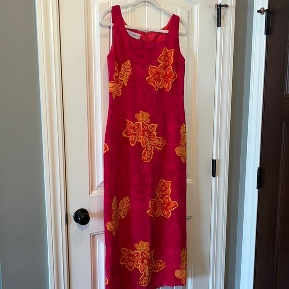 Beautiful floral tropical hot pink silk dress midi/maxi size 10 Beachy Hawaii - Picture 1 of 13